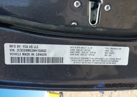 2022 Dodge Charger Gt Awd из США, поврежденный, VIN 2C3CDXMG3NH150662